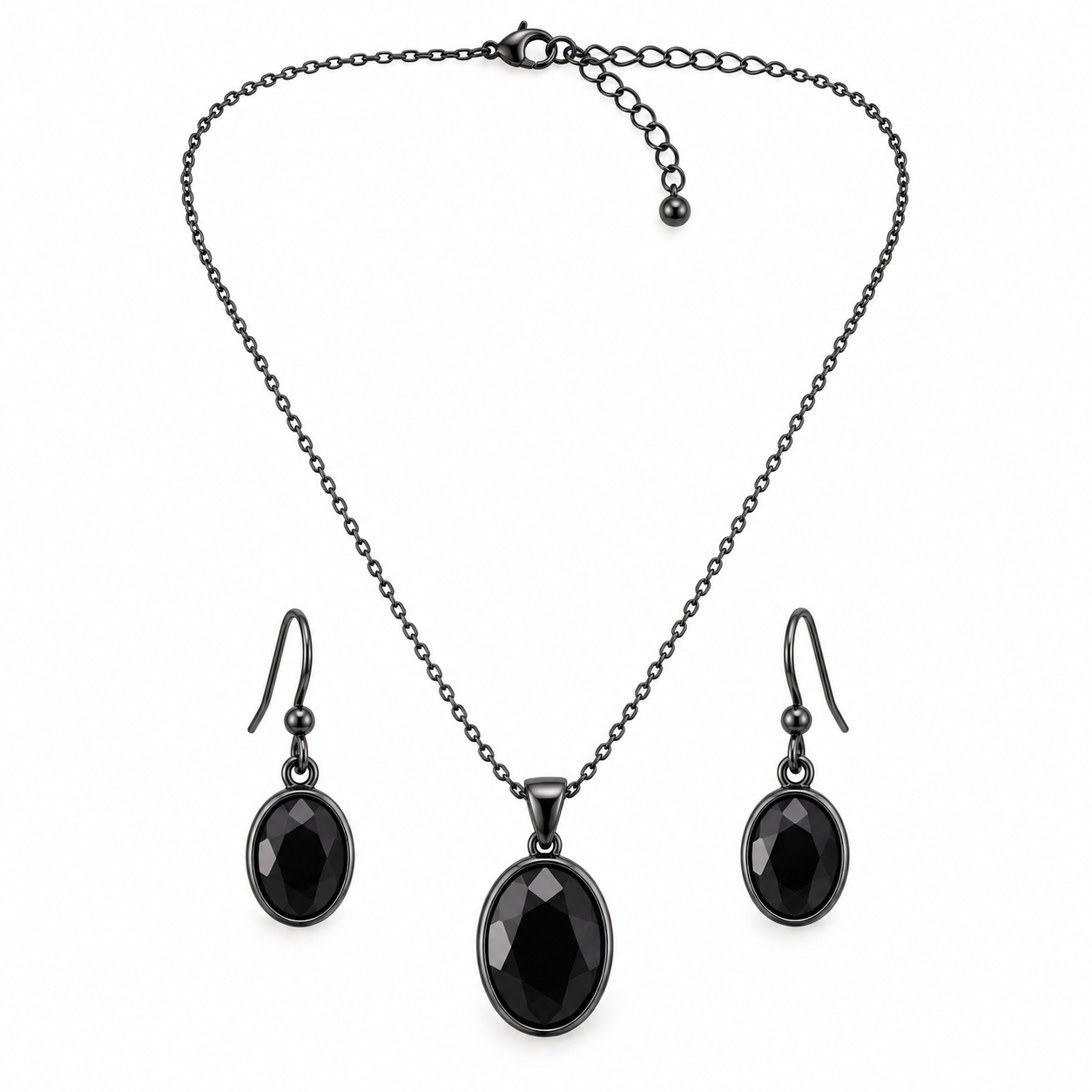 Oval drop black pendant and earring set